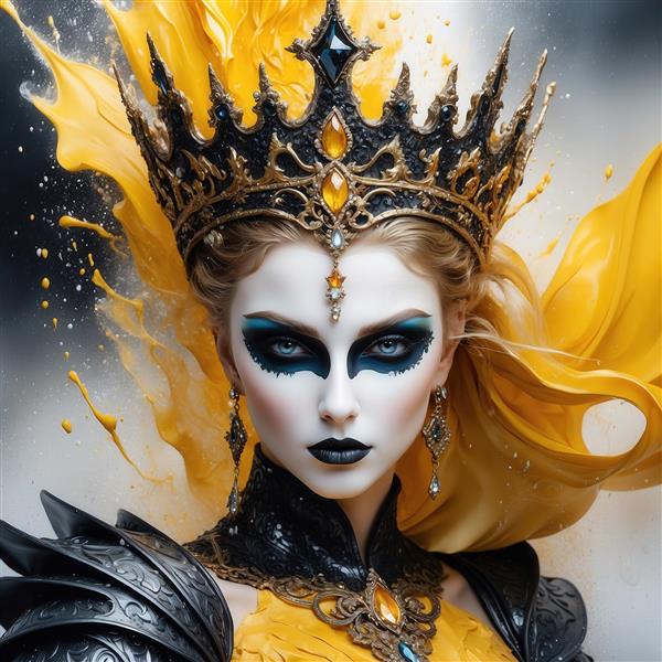 عکس ملکه با موی بلوند، تاج سیاه و طلایی و گریم آبی برای تابلو