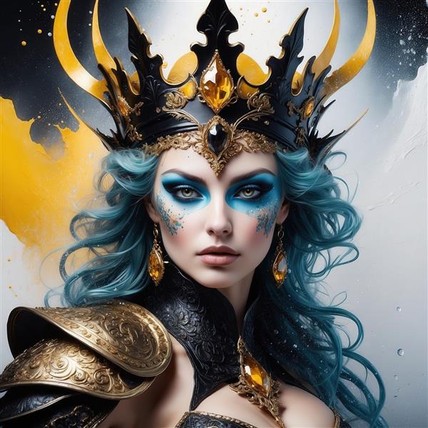 طرح الهه با موی آبی فیروزه‌ای و تاج شاخدار طلایی برای دکوراسیون شیک