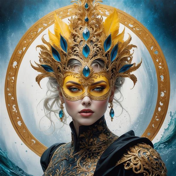 طرح زن ماسک‌دار پرطلایی و آبی برای تابلو دکوراتیو مدرن