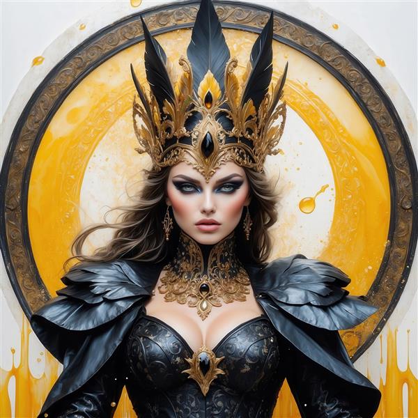 عکس زن با تاج سیاه پردار و لباس شاهانه برای پوستر دیواری مدرن