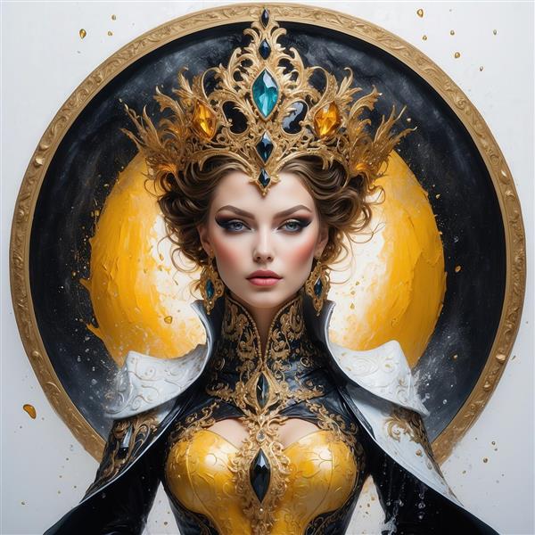 تصویر ملکه با موهای قهوه‌ای تاجدار و لباس مشکی طلایی برای چاپ عریض