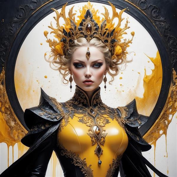 طرح ملکه مو بلوند با تاج طلایی و لباس سیاه و زرد برای پرده