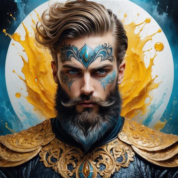 تصویر مرد با ریش تیره و گریم آبی فانتزی برای تابلو دکوراتیو
