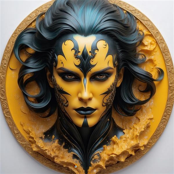 تصویر برجسته زن با موی تیره و آرایش زرد برای تابلو دکوراتیو