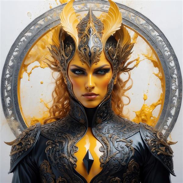 طرح زن جنگجو با زره سیاه و طلایی فانتزی برای چاپ روی پرده