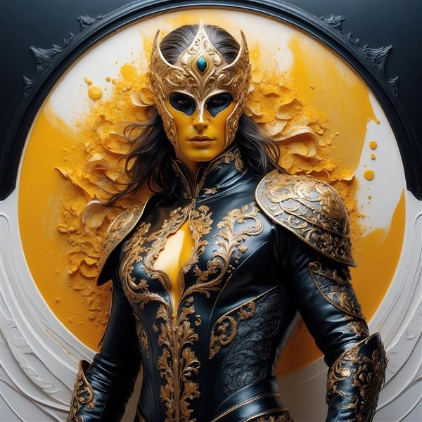 تصویر زن جنگجو با ماسک و لباس طلایی و سیاه برای تابلو دیواری