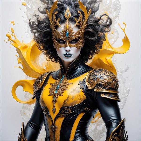 تصویر زن قهرمان با لباس جنگی سیاه و طلایی برای تابلو