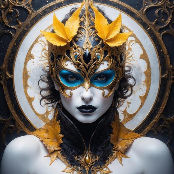 عکس زن با ماسک طلایی و آرایش آبی برای چاپ پوستر دیواری