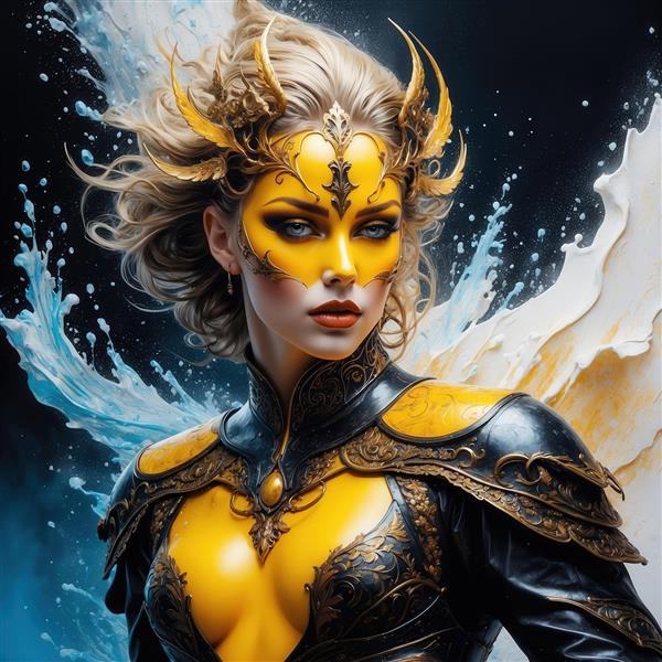 عکس زن جنگجو با کلاهخود طلایی و لباس سیاه و زرد فانتزی