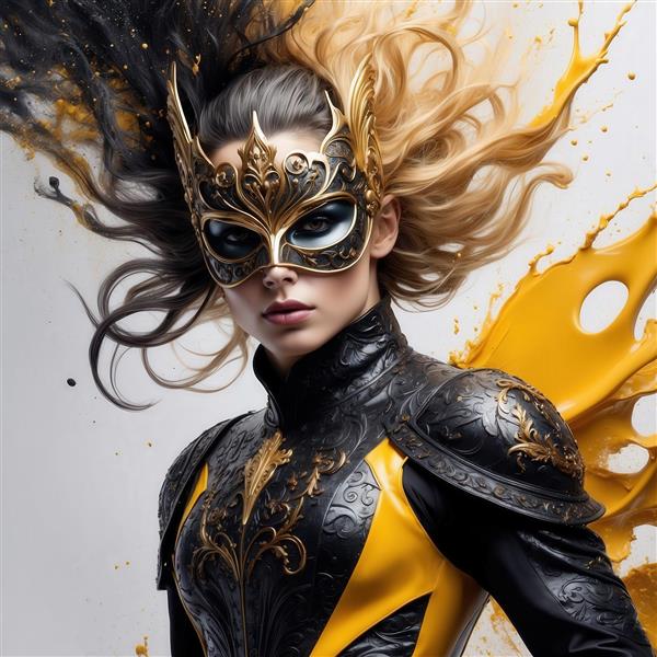 تصویر زن قهرمان با ماسک طلایی و لباس سیاه و زرد برای پوستر