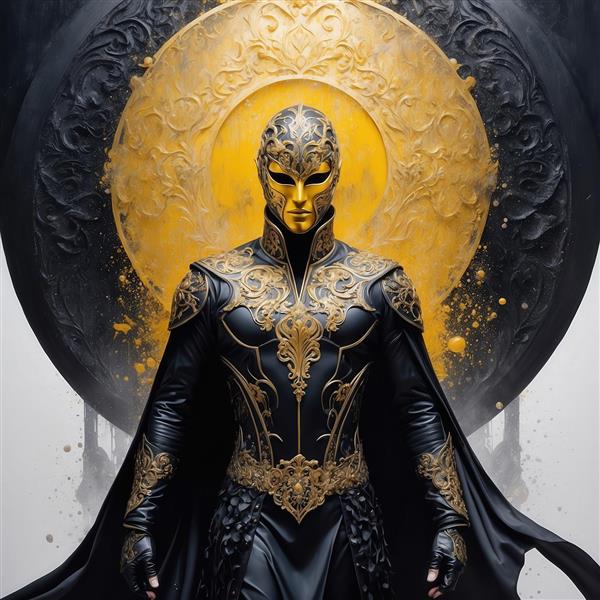 طرح جنگجوی سیاه و طلایی با شنل و ماسک کامل برای تابلو دیواری