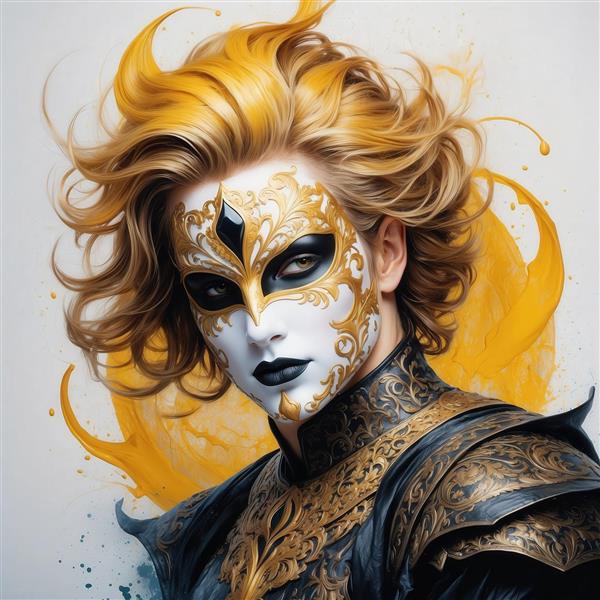 عکس مرد جذاب با ماسک طلایی و موی فر برای چاپ تابلو مدرن