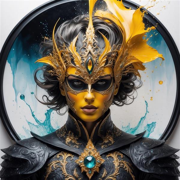تصویر زن فانتزی با ماسک طلایی و لباس جنگجو برای پوستر هنری