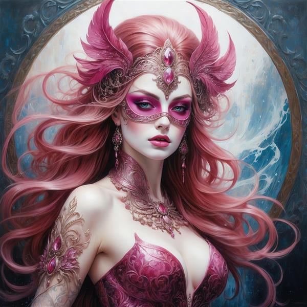 عکس زن با ماسک بالدار و موی مواج سرخابی برای دکوراتیو اتاق