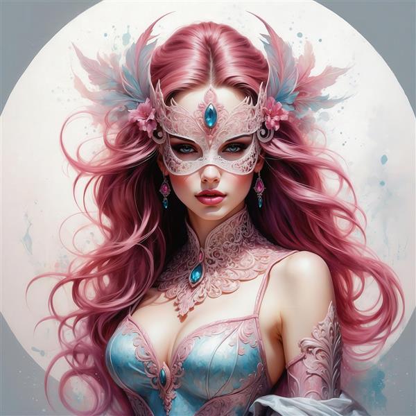 طرح زن با ماسک پردار و لباس آبی روشن برای چاپ پوستر هنری