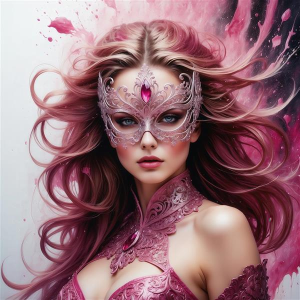 طرح زن با نیم‌ماسک مجلسی و موی بلند صورتی برای پوستر مدرن