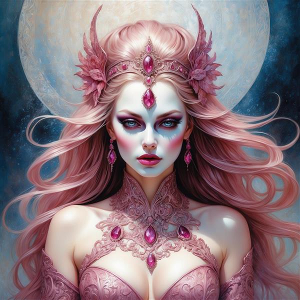 عکس زن فانتزی با تاج شاخدار و موهای صورتی با تم ماه کامل