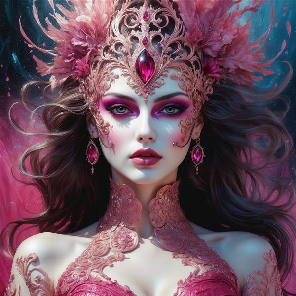 طرح زن فانتزی با تاج پردار و آرایش سرخابی برای تابلو هنری اتاق خواب