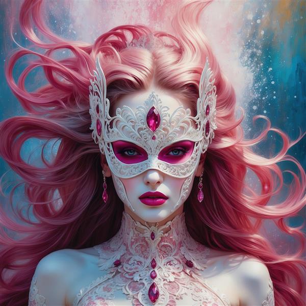 تصویر چهره زن با ماسک سفید و موی صورتی برای چاپ روی بوم نقاشی