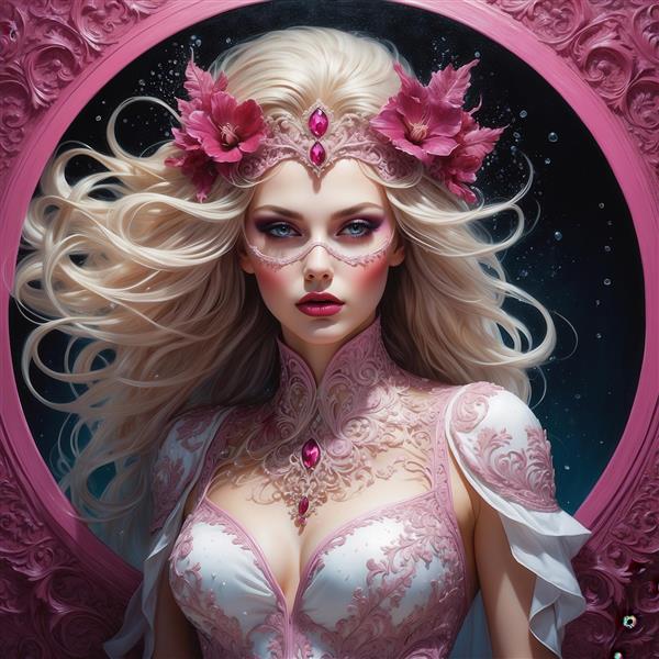 تصویر ملکه بلوند با ماسک و تاج صورتی در قاب دایره‌ای برای روتختی