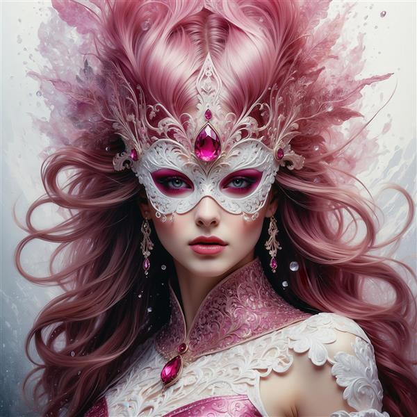 عکس پرتره زن فانتزی با ماسک و موی صورتی درخشان برای تابلو مدرن