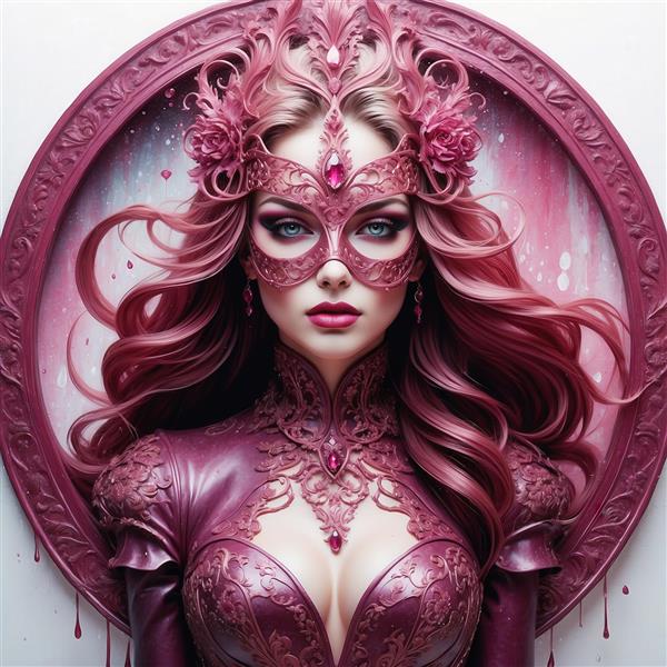 طرح زن با موی صورتی و ماسک سرخابی برای چاپ پرده اتاق پذیرایی