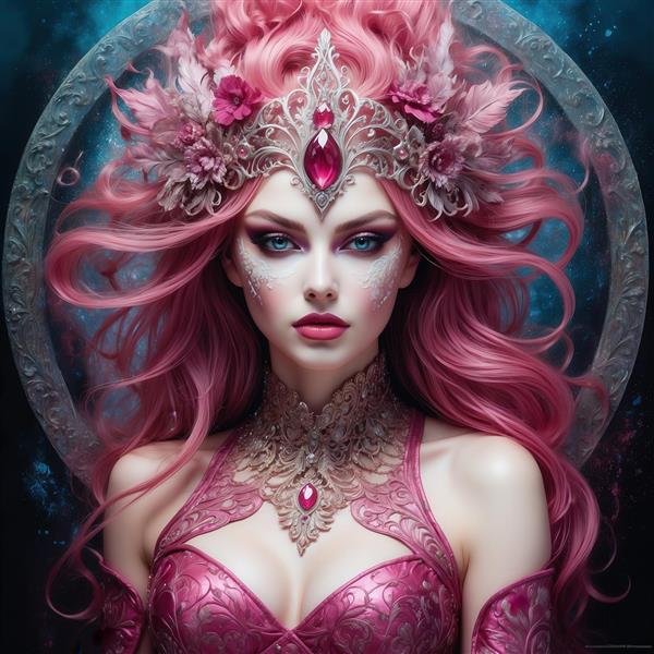 تصویر زن با موی صورتی، تاج گل و لباس سرخابی برای پوستر دکوراتیو