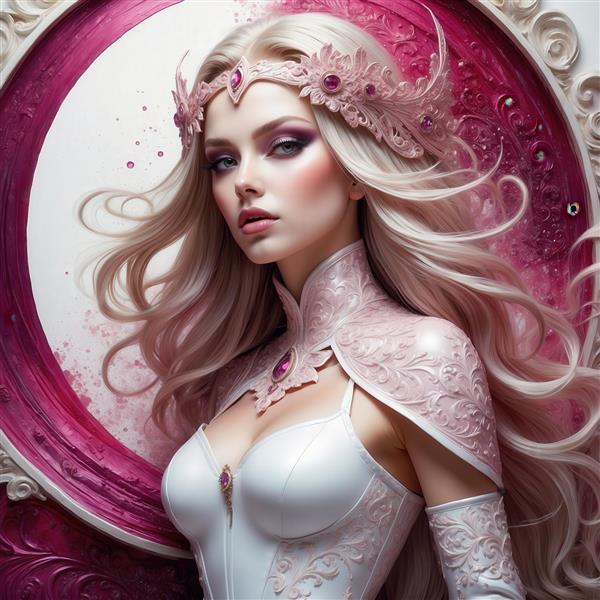 عکس ملکه فانتزی با تاج صورتی و لباس سفید برای چاپ تابلو اتاق خواب