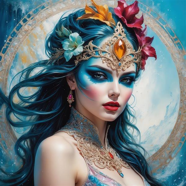 طرح پرتره زن با موی آبی، تاج طلایی و آرایش فانتزی برای پوستر دیواری