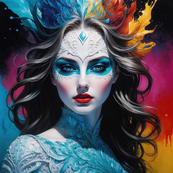 عکس پرتره زن با ماسک سفید و موهای رنگین‌کمانی برای تابلو دکوراتیو