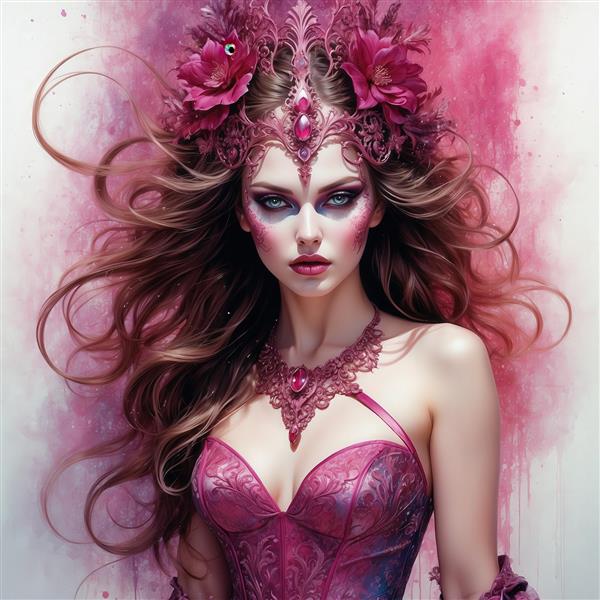طرح زن فانتزی با تاج گل‌های صورتی و لباس سرخابی برای چاپ روتختی