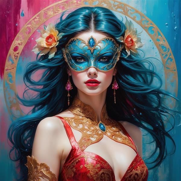 تصویر زن با موی آبی تیره، ماسک و لباس قرمز برای پوستر دیواری رنگی