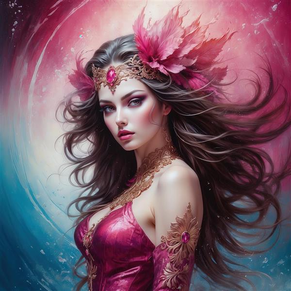 عکس پرتره زن مو قهوه‌ای با تاج و لباس صورتی برای تابلو دکوراتیو