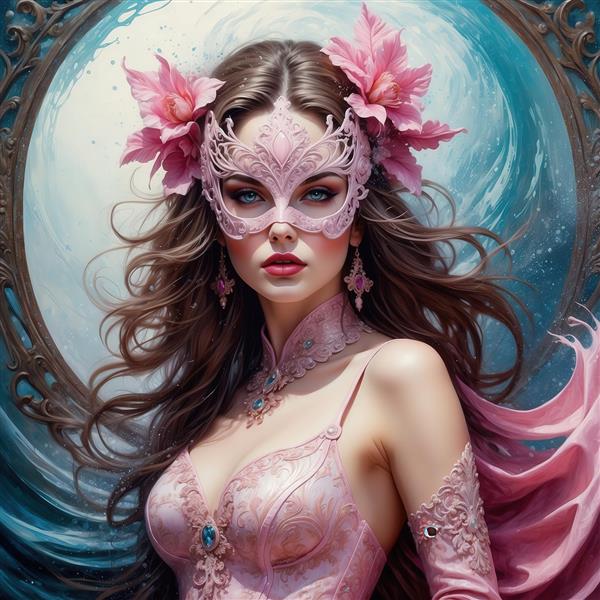 طرح زن با ماسک توری و گل‌های صورتی برای چاپ پرده یا تابلو باکیفیت