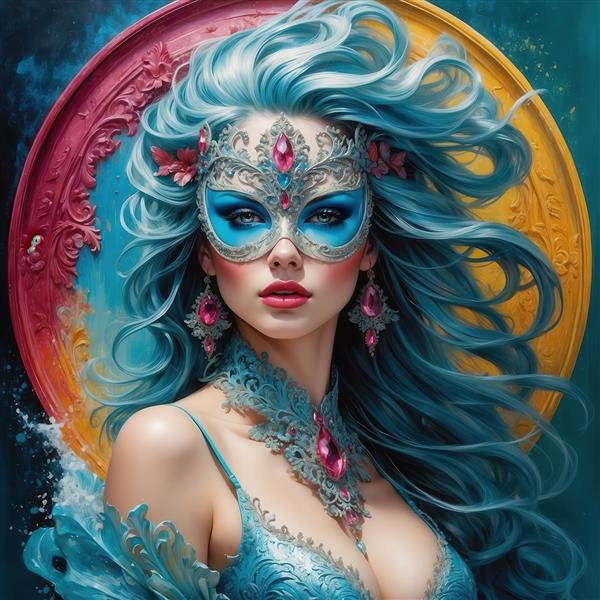 تصویر زن با ماسک نقره‌ای صورتی در قاب رنگی برای پوستر دیواری مدرن