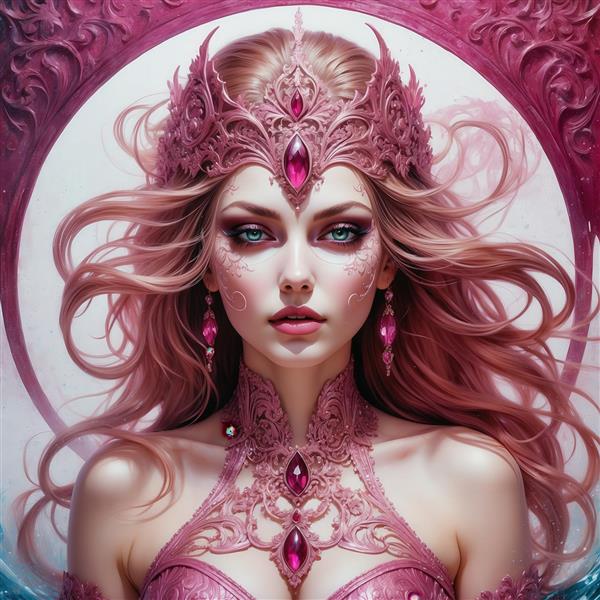 عکس ملکه فانتزی با تاج و لباس صورتی و جواهرات یاقوتی برای اتاق خواب