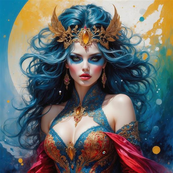 طرح پرتره زن با موی آبی تیره و تاج طلایی بالدار برای چاپ تابلو دکوراتیو