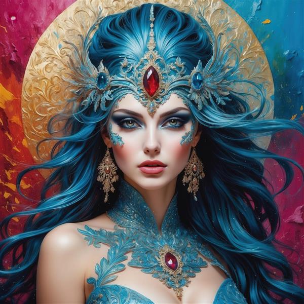تصویر الهه با موی آبی و تاج جواهر قرمز برای پوستر دیواری با تم شاد