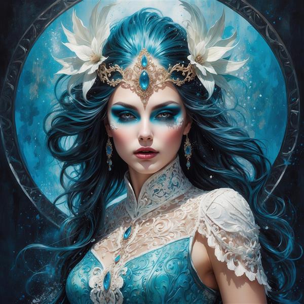 عکس ملکه دریایی با موی آبی و تاج گل لیلیوم برای چاپ روتختی باکیفیت