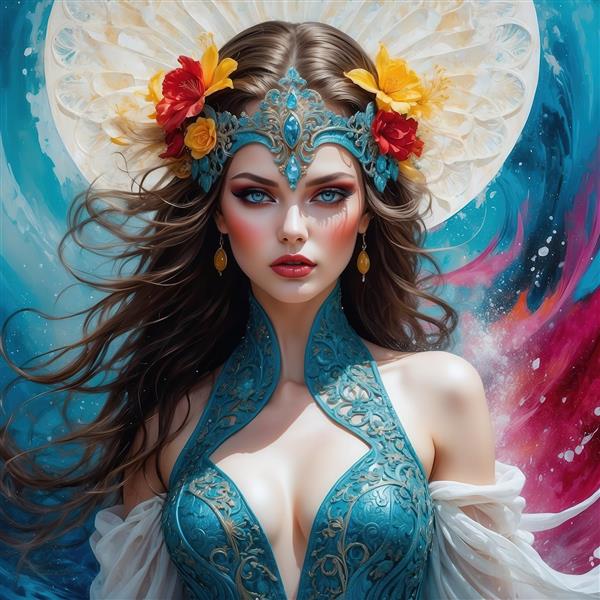 طرح پرتره زن با تاج گل آبی و قرمز برای تابلو دیواری مدرن