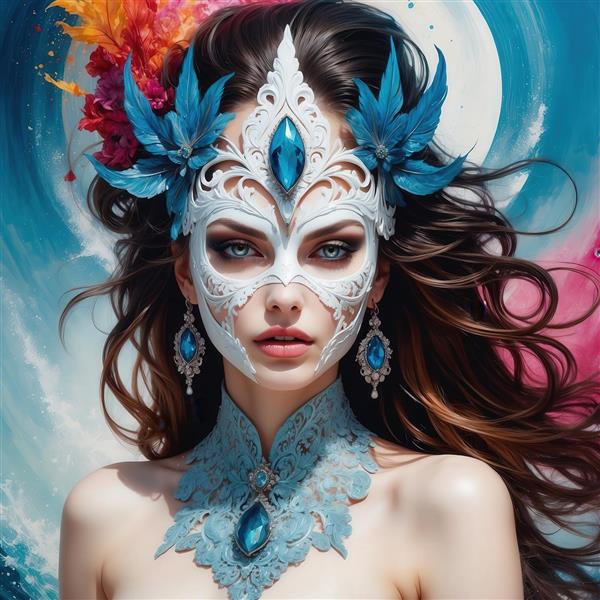 تصویر پرتره زن با ماسک توری سفید و جواهرات آبی برای پوستر دکوراتیو