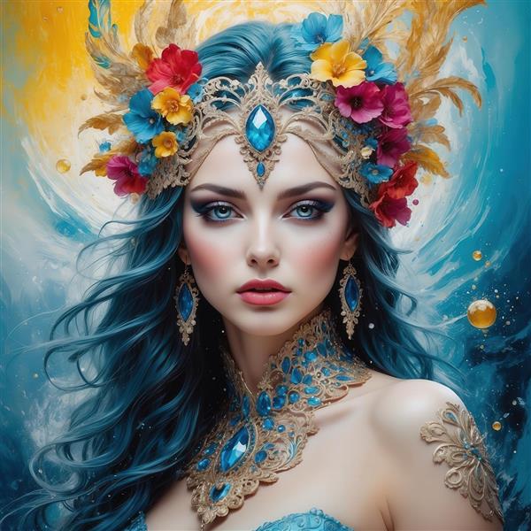 عکس زن با تاج طلایی گل‌دار و موهای آبی برای چاپ پرده اتاق خواب