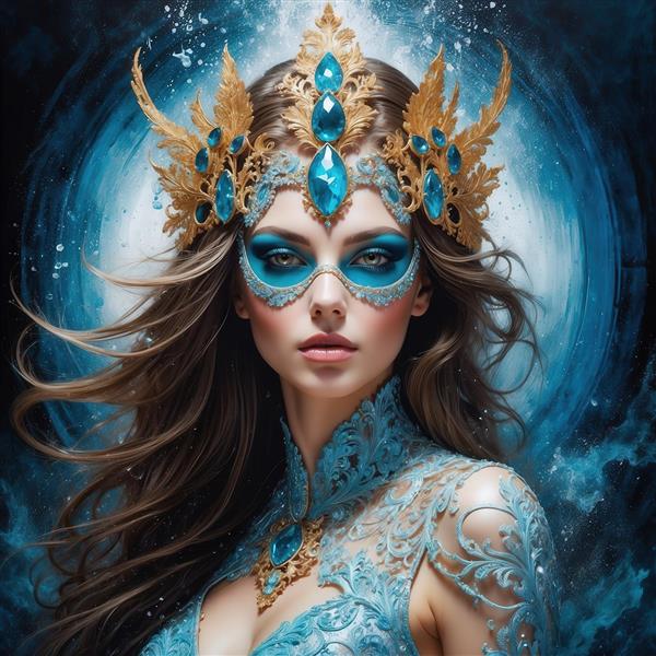طرح پرتره زن با تاج طلایی و ماسک آبی جواهرنشان برای تابلو اتاق پذیرایی