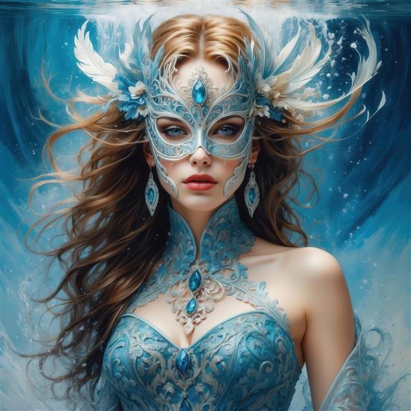 طرح زن فانتزی با ماسک بالدار سفید و جواهرات آبی برای چاپ تابلو مدرن
