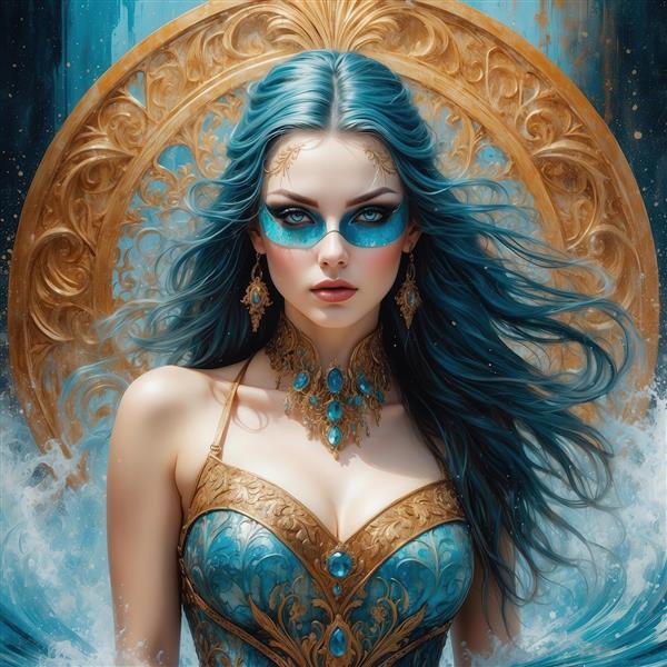 تصویر الهه آب با موی آبی تیره و گردنبند طلایی برای تابلو اتاق خواب