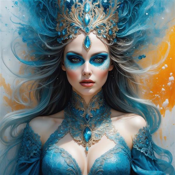 عکس ملکه فانتزی آبی با موهای درخشان و تاج سلطنتی برای چاپ پرده پذیرایی