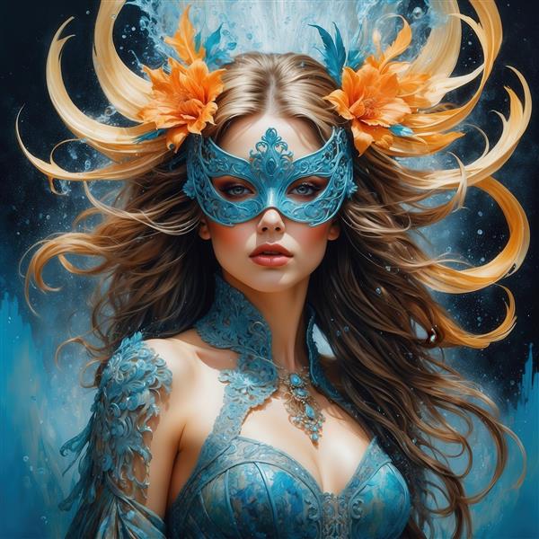 طرح پرتره زن با ماسک توری آبی و گل‌های نارنجی برای تابلو دکوراتیو مدرن