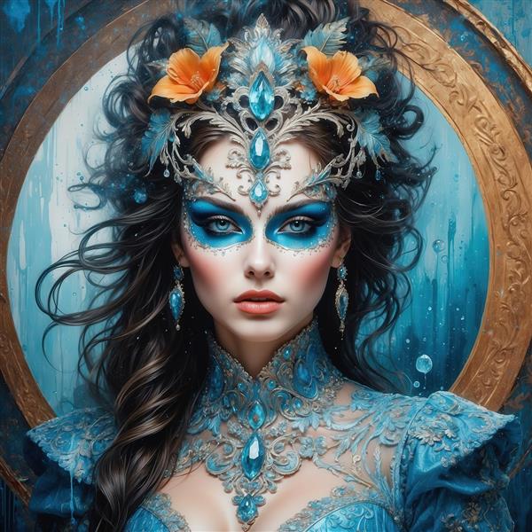 تصویر ملکه آب با تاج و ماسک آبی و گل نارنجی برای پوستر دیواری