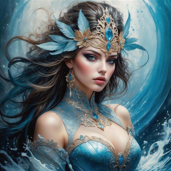 طرح زن با موهای قهوه‌ای/آبی و تاج پر فیروزه‌ای در موج آب برای روتختی
