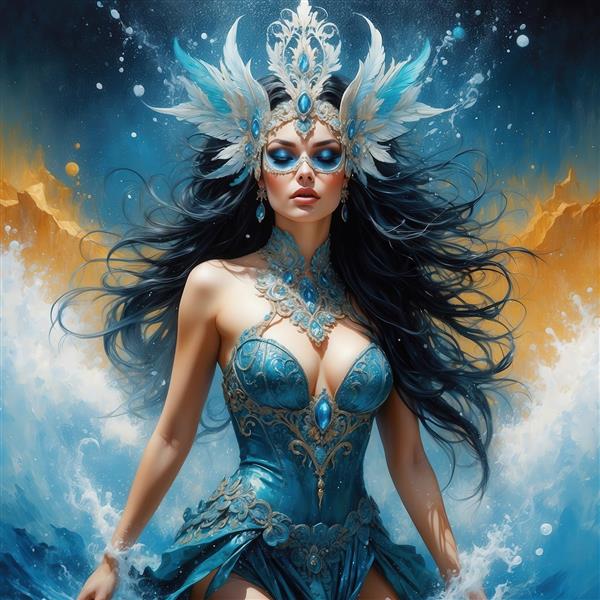 تصویر الهه دریا با لباس فیروزه‌ای و تاج بالدار در موج‌های آبی/طلایی
